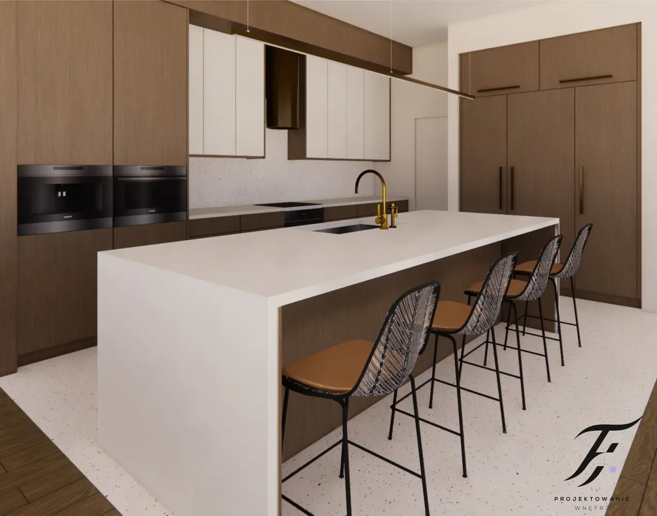 Projekt przedstawia kuchnię połączoną z salonem, utrzymany w eleganckim i nowoczesnym stylu. Kuchnia wyróżnia się połączeniem naturalnego drewna z białymi elementami oraz płytkami lastryko, które dodają wnętrzu charakteru. Centralnym punktem kuchni jest duża wyspa kuchenna, wokół której znajduje się zabudowa kuchenna. Złoty okap i złoty kran przyciągają wzrok i dodają luksusowego akcentu.  W salonie dominują pomarańczowe kanapy, które kontrastują z neutralnymi kolorami kuchni, tworząc ciepłą i przytulną atmosferę. Całość wnętrza jest harmonijna i nowoczesna, a zarazem funkcjonalna.